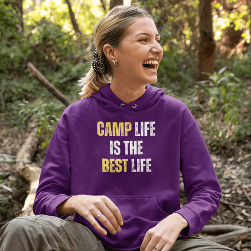 Introducing the ultimate Camping Hoodie for all you wilderness aficionados who believe that "Camp Life Is The Best Life" - because let's be honest, nothing beats the smell of pine trees in the morning, or the thrill of discovering that your tent is still waterproof after a surprise midnight downpour.